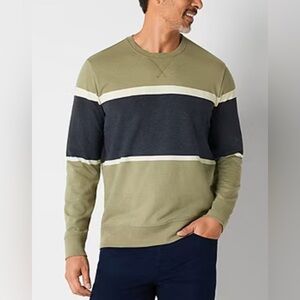 St. John's Bay Stripe Crew Neck Long Sleeve Sweatshirt Olive Green & Navy Small